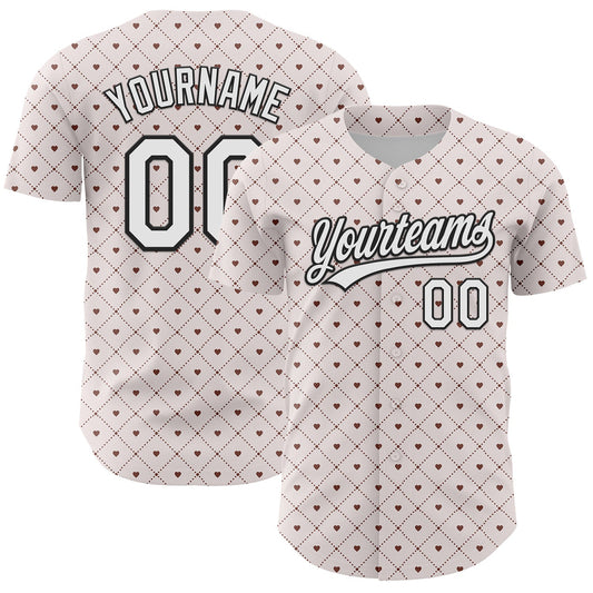 Custom White Black 3D Love Heart Valentine's Day Authentic Baseball Jersey - Main View