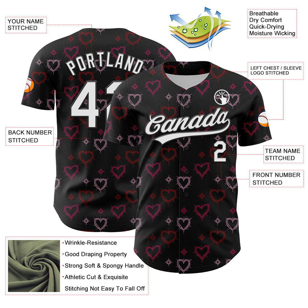 Custom Black White 3D Love Heart Valentine's Day Authentic Baseball Jersey view 3
