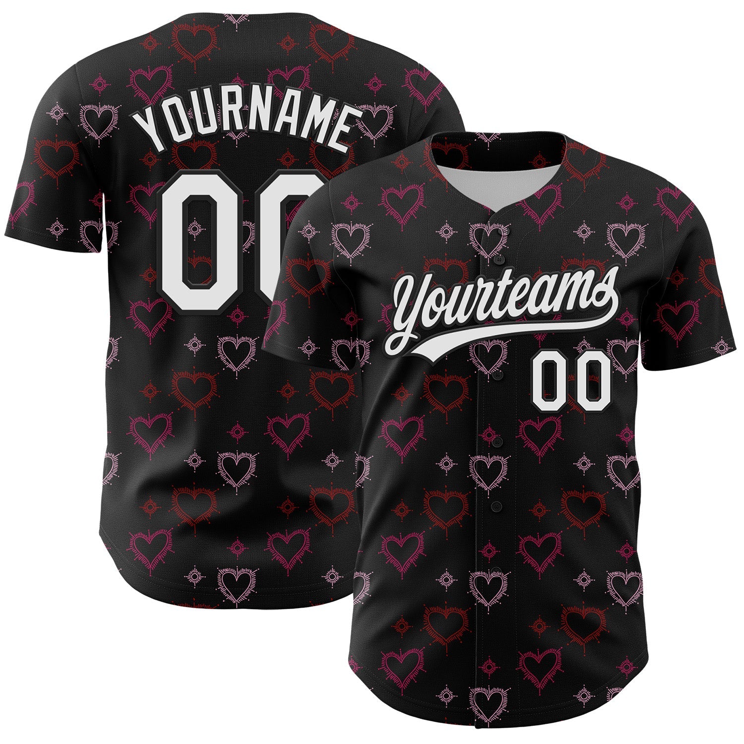 Custom Black White 3D Love Heart Valentine's Day Authentic Baseball Jersey - Main View