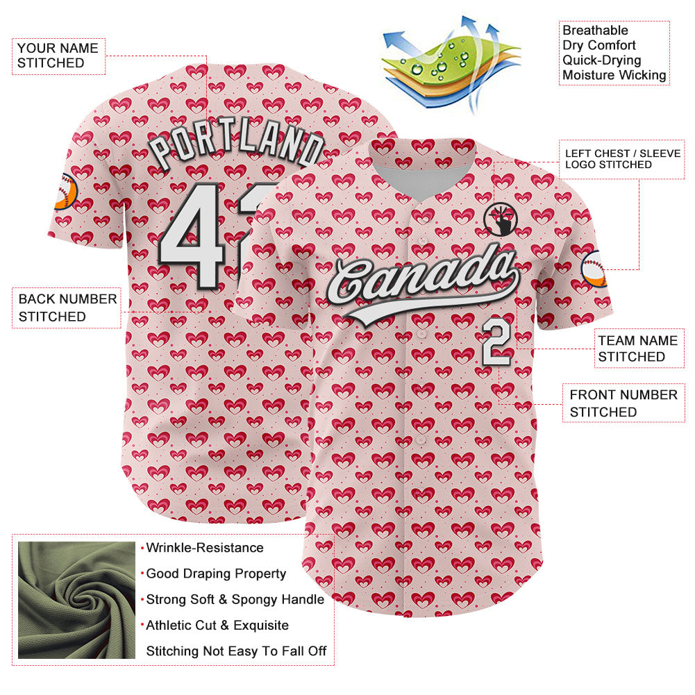 Custom Light Pink White-Black 3D Love Heart Valentine's Day Authentic Baseball Jersey view 3