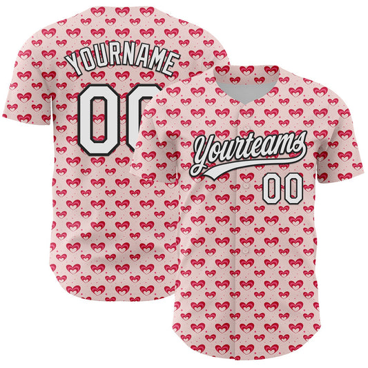 Custom Light Pink White-Black 3D Love Heart Valentine's Day Authentic Baseball Jersey - Main View