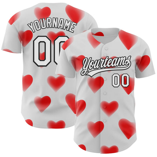 Custom White Black 3D Love Heart Valentine's Day Authentic Baseball Jersey - Main View