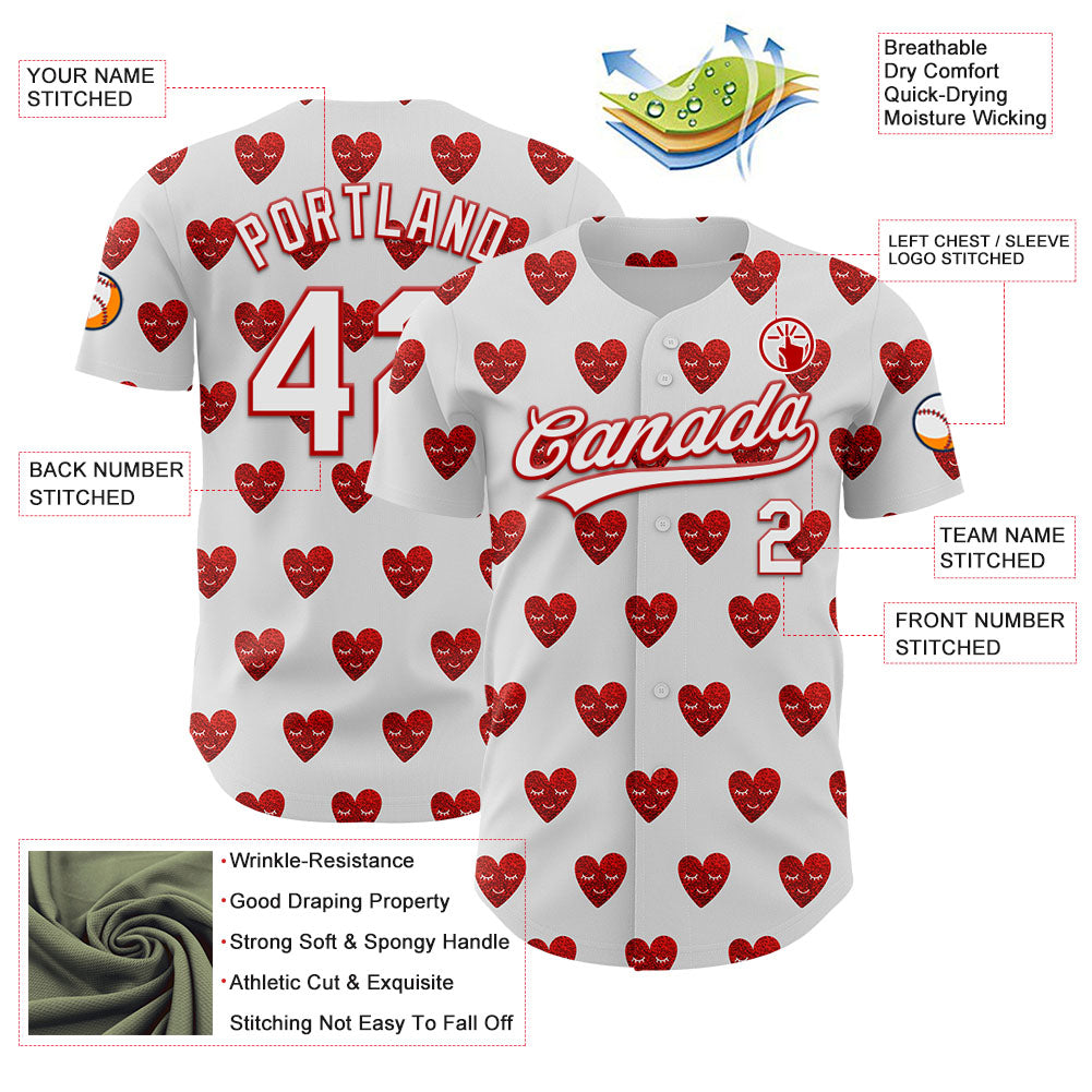 Custom White Red 3D Love Heart Valentine's Day Authentic Baseball Jersey view 3