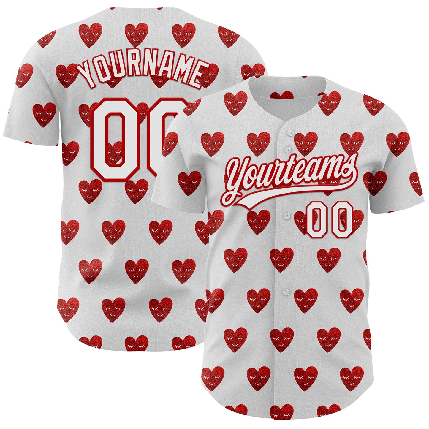 Custom White Red 3D Love Heart Valentine's Day Authentic Baseball Jersey - Main View