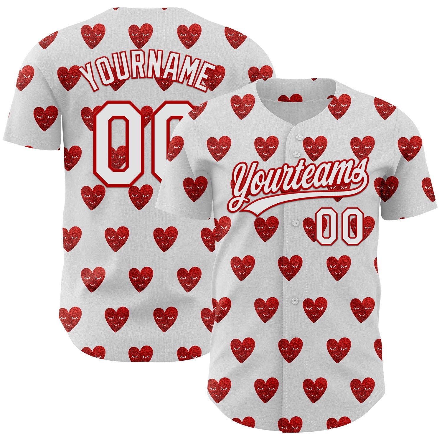 Custom White Red 3D Love Heart Valentine's Day Authentic Baseball Jersey - Main View