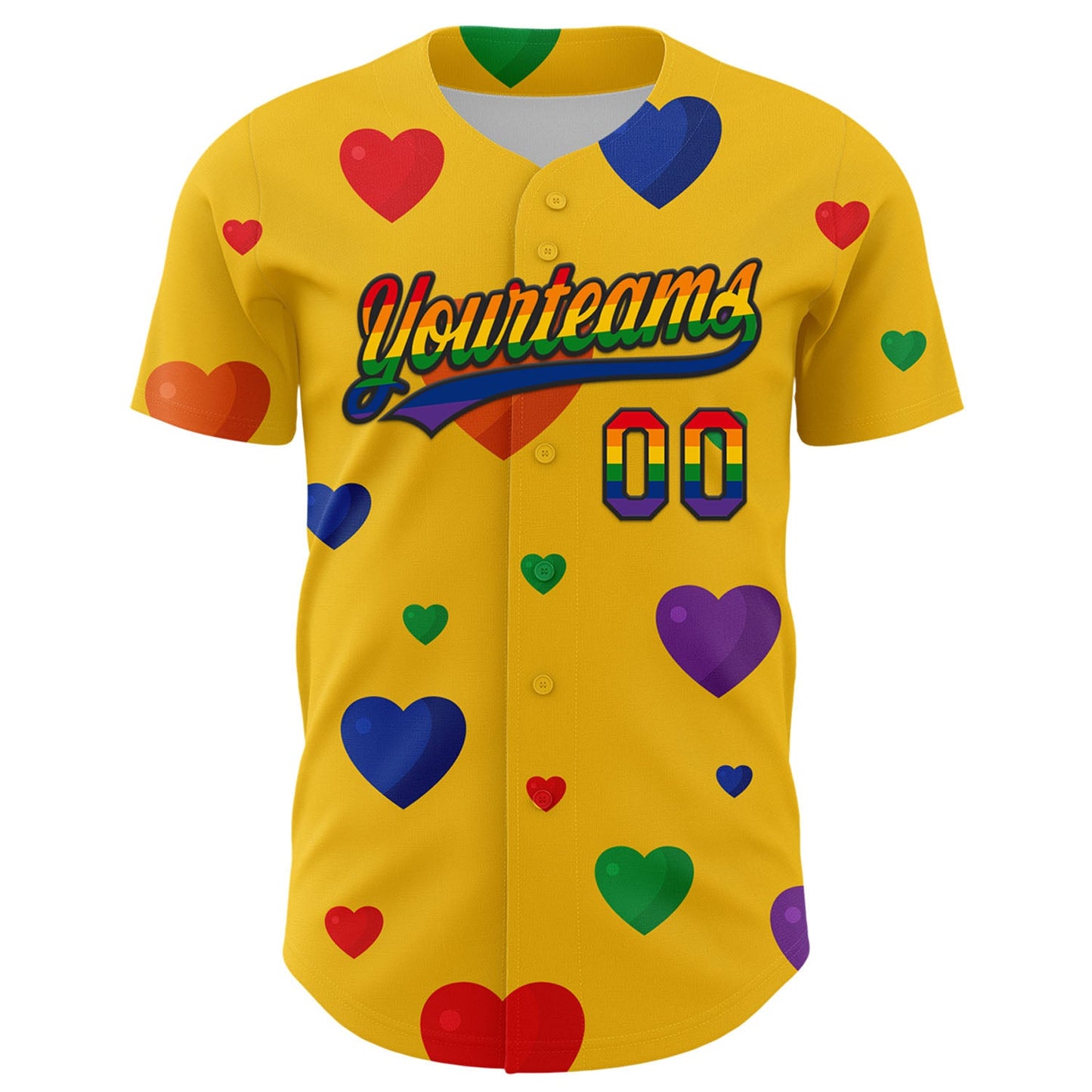 Custom Yellow Rainbow-Black 3D Love Heart Valentine's Day Authentic Baseball Jersey view 2