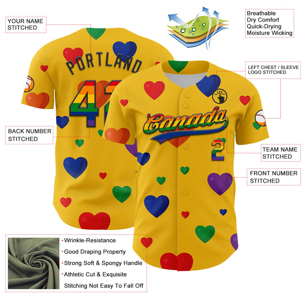 Custom Yellow Rainbow-Black 3D Love Heart Valentine's Day Authentic Baseball Jersey view 3