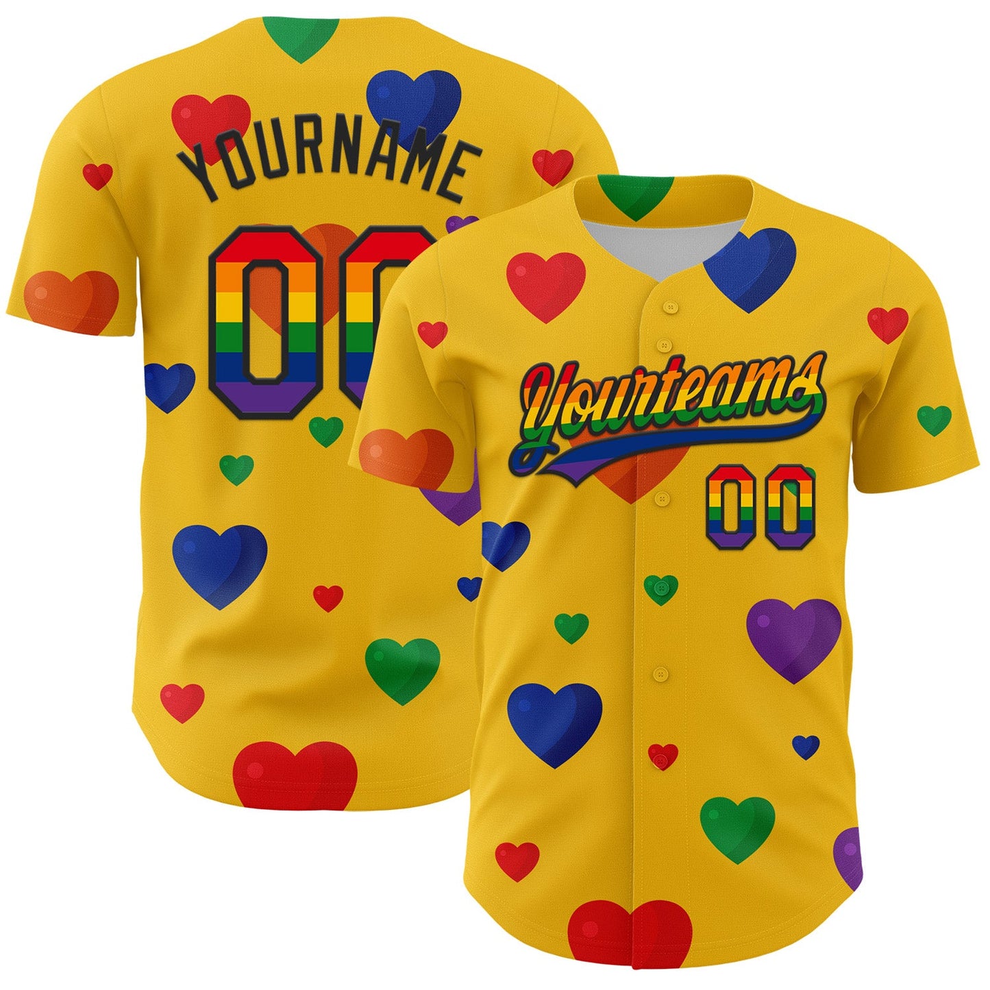 Custom Yellow Rainbow-Black 3D Love Heart Valentine's Day Authentic Baseball Jersey - Main View