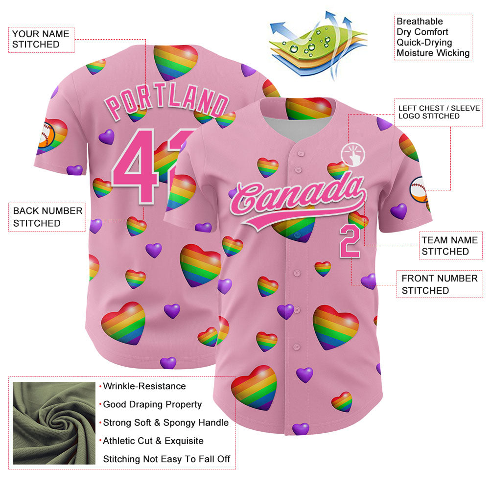 Custom Light Pink Pink-White 3D Love Heart Valentine's Day Authentic Baseball Jersey view 3