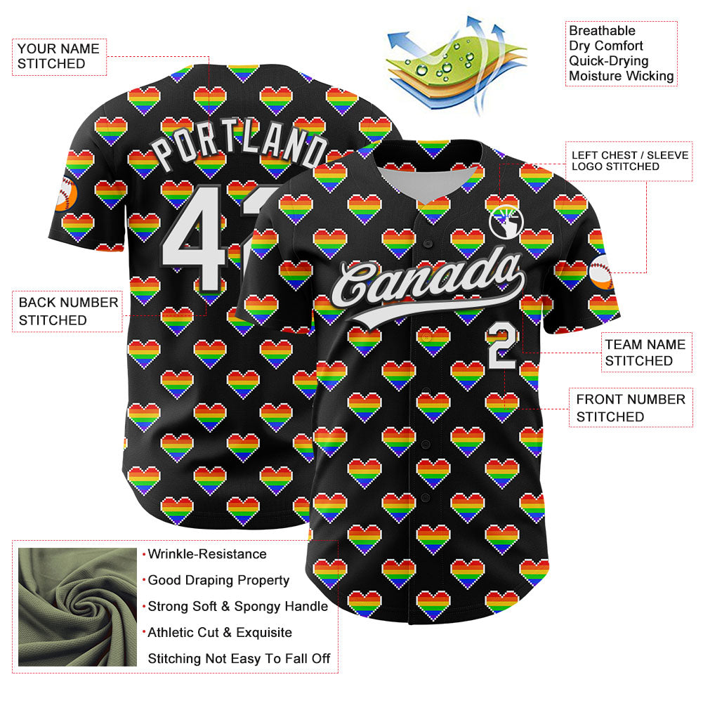 Custom Black White 3D Love Heart Valentine's Day Authentic Baseball Jersey view 3