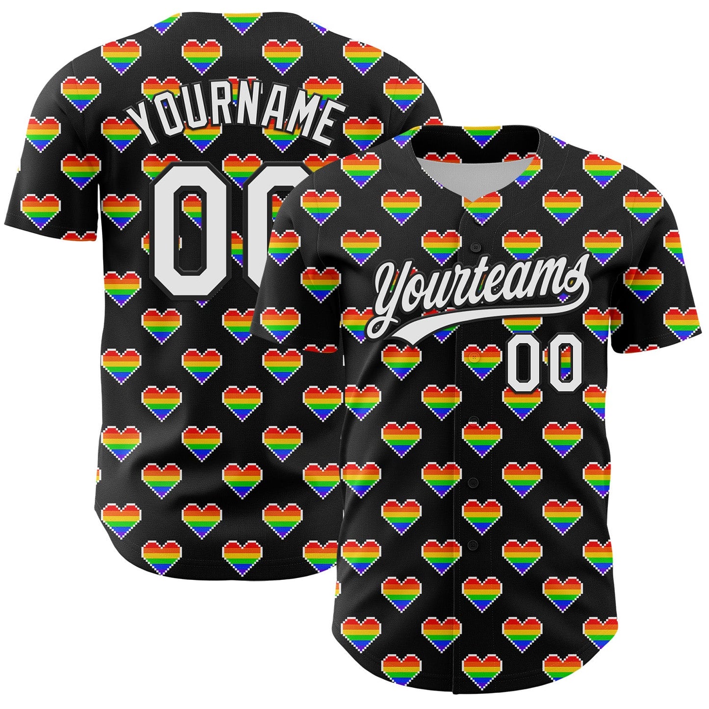 Custom Black White 3D Love Heart Valentine's Day Authentic Baseball Jersey - Main View