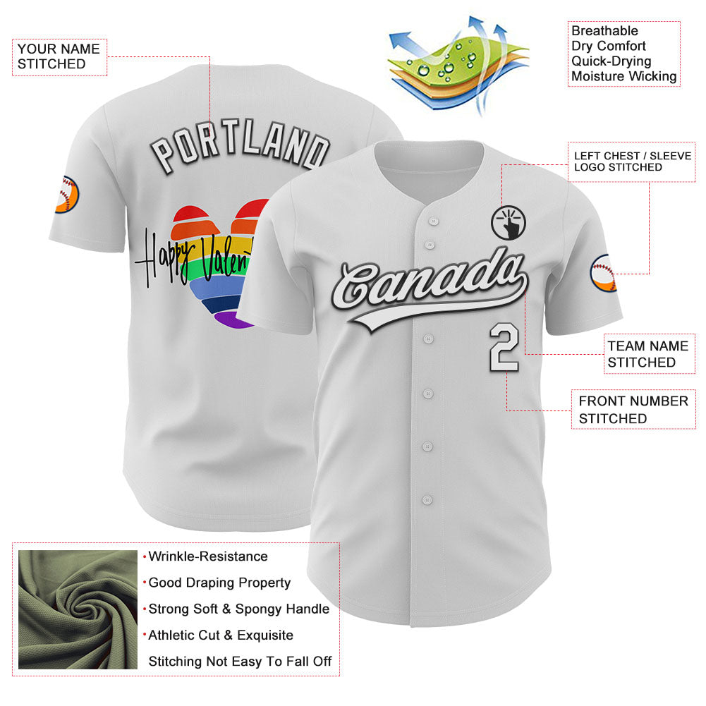 Custom White Black 3D Love Heart Valentine's Day Authentic Baseball Jersey view 3