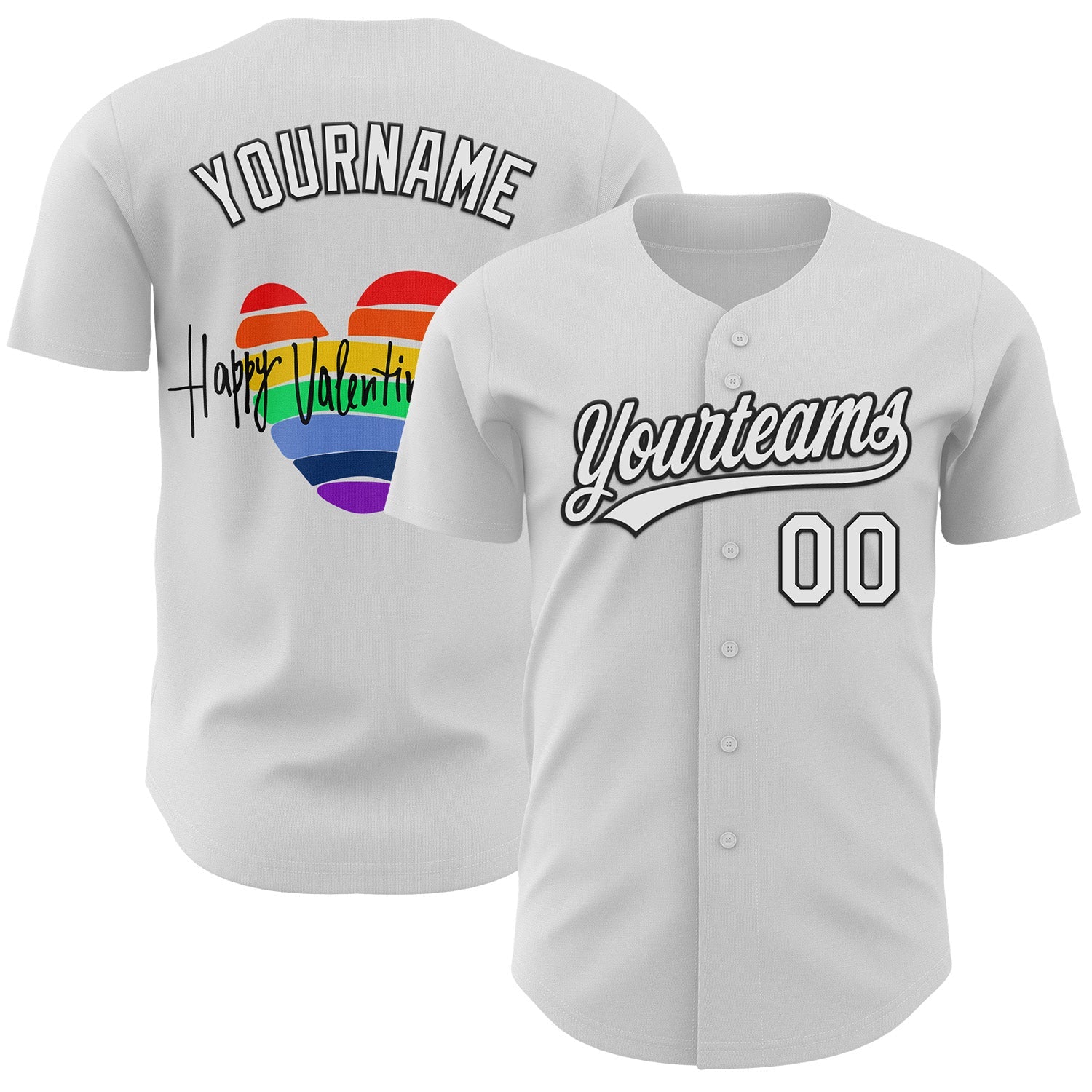 Custom White Black 3D Love Heart Valentine's Day Authentic Baseball Jersey - Main View