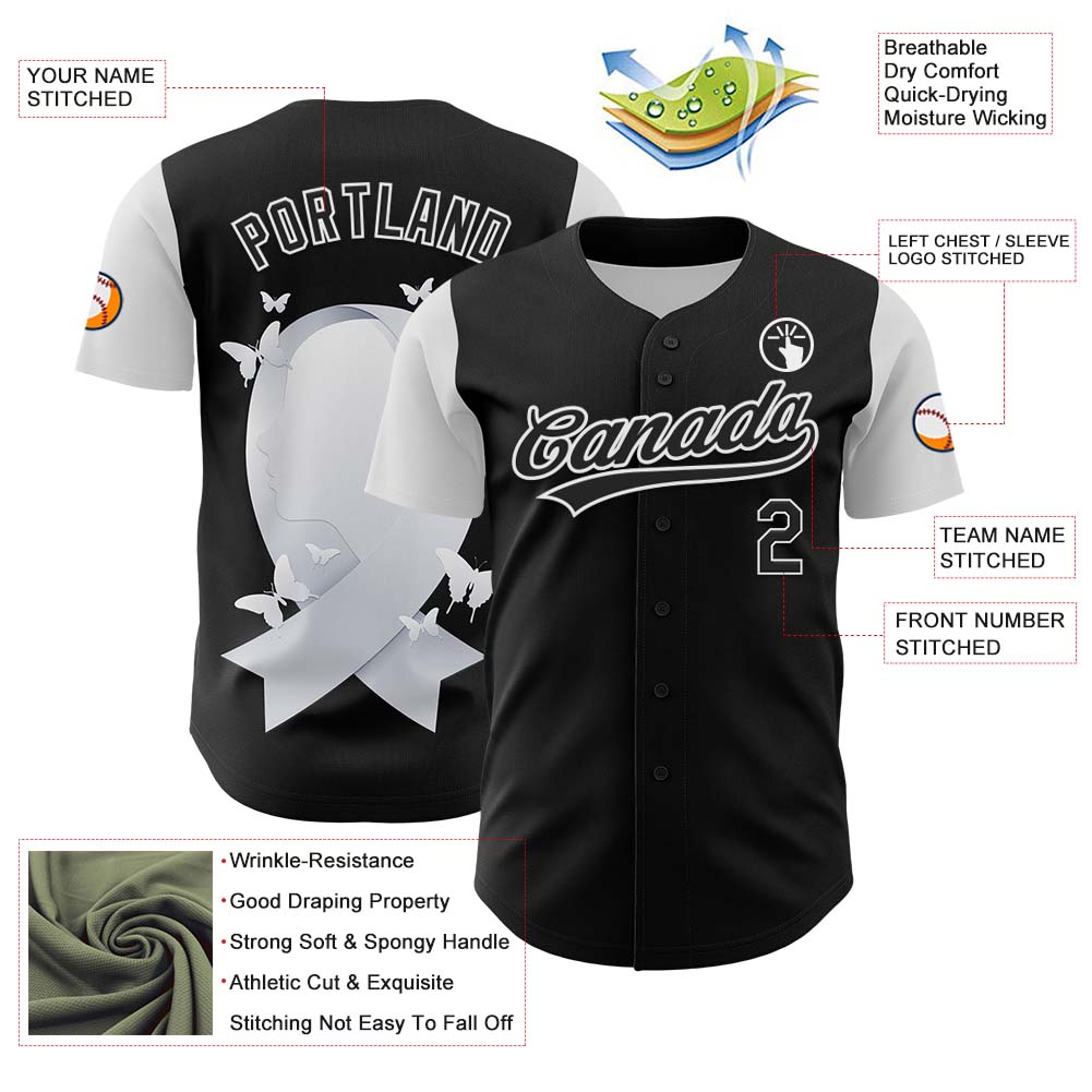 Custom Black White 3D Lung Cancer Ribbon Authentic Baseball Jersey view 3