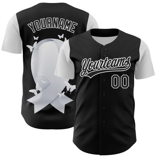 Custom Black White 3D Lung Cancer Ribbon Authentic Baseball Jersey - Main View