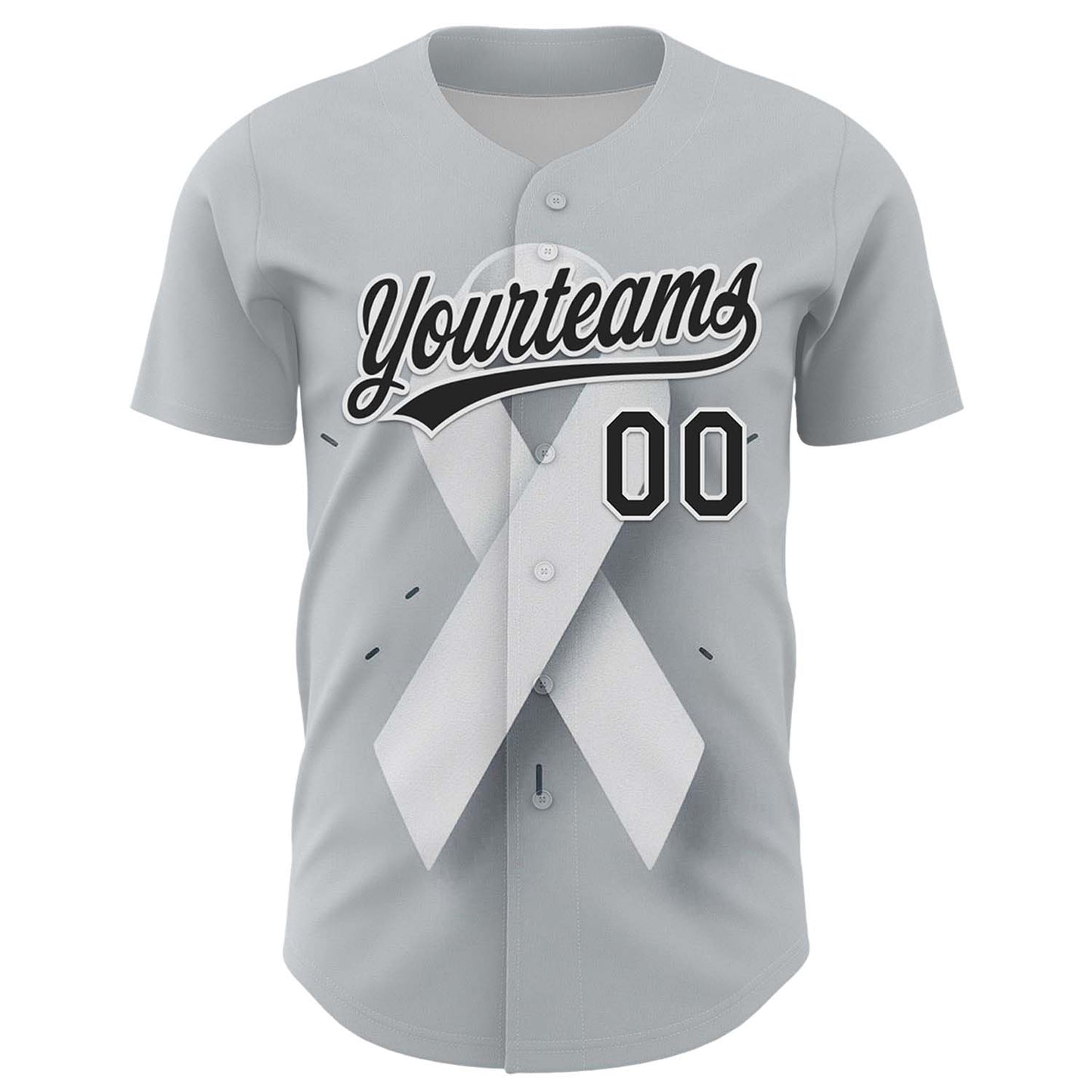 Custom Gray Black White 3D Lung Cancer Ribbon Authentic Baseball Jersey view 2