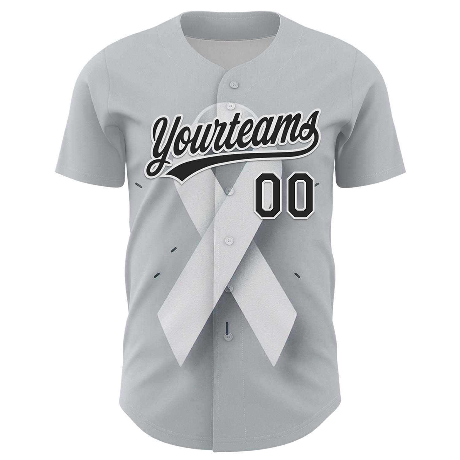 Custom Gray Black White 3D Lung Cancer Ribbon Authentic Baseball Jersey view 2