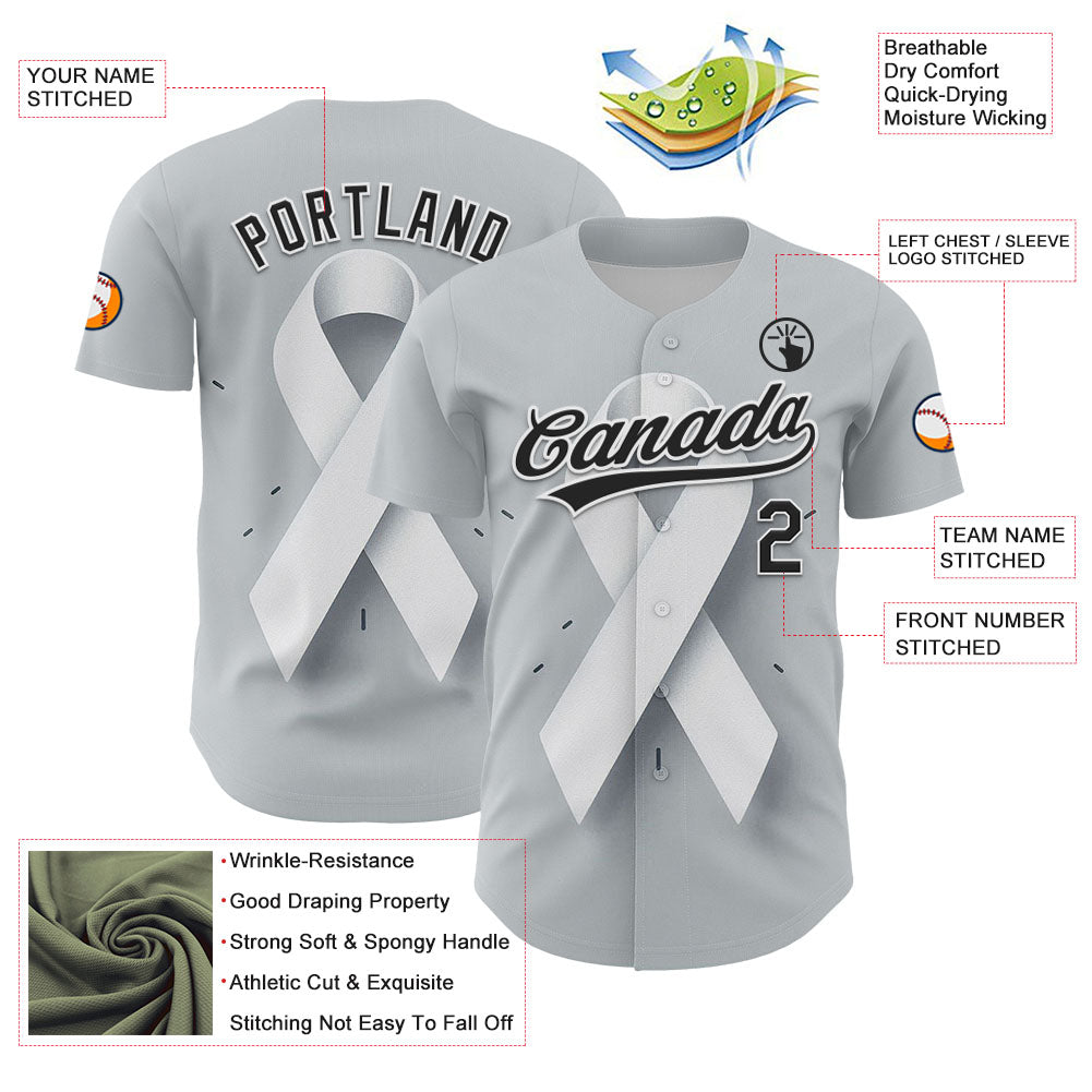 Custom Gray Black White 3D Lung Cancer Ribbon Authentic Baseball Jersey view 3