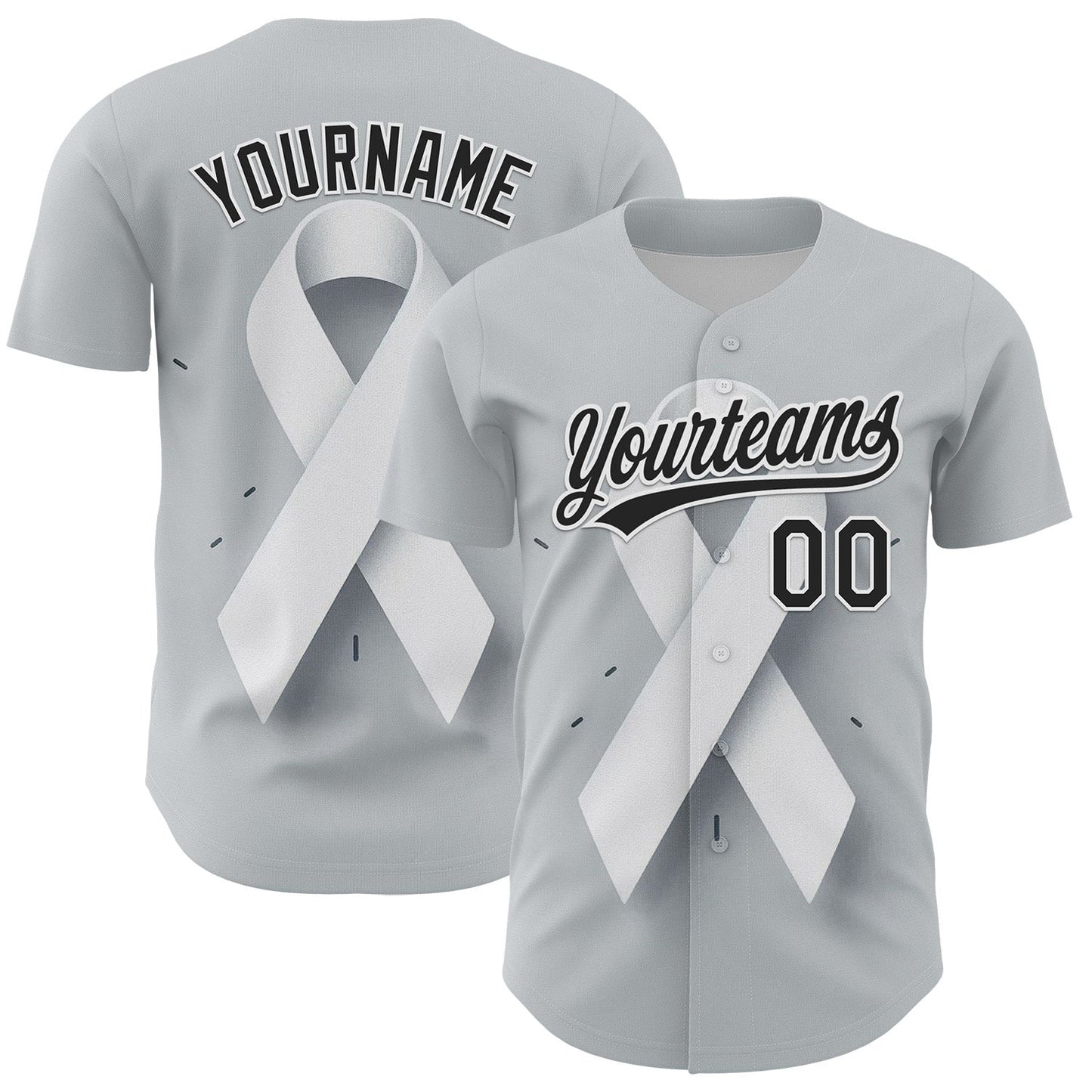 Custom Gray Black White 3D Lung Cancer Ribbon Authentic Baseball Jersey - Main View
