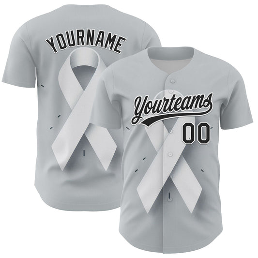 Custom Gray Black White 3D Lung Cancer Ribbon Authentic Baseball Jersey - Main View