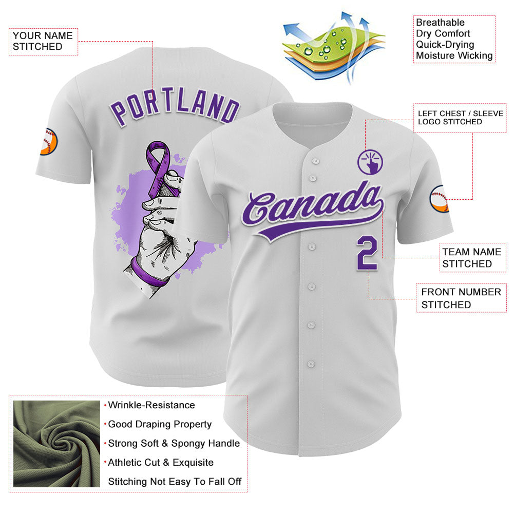 Custom White Purple 3D Pancreatic Cancer Ribbon Authentic Baseball Jersey view 3