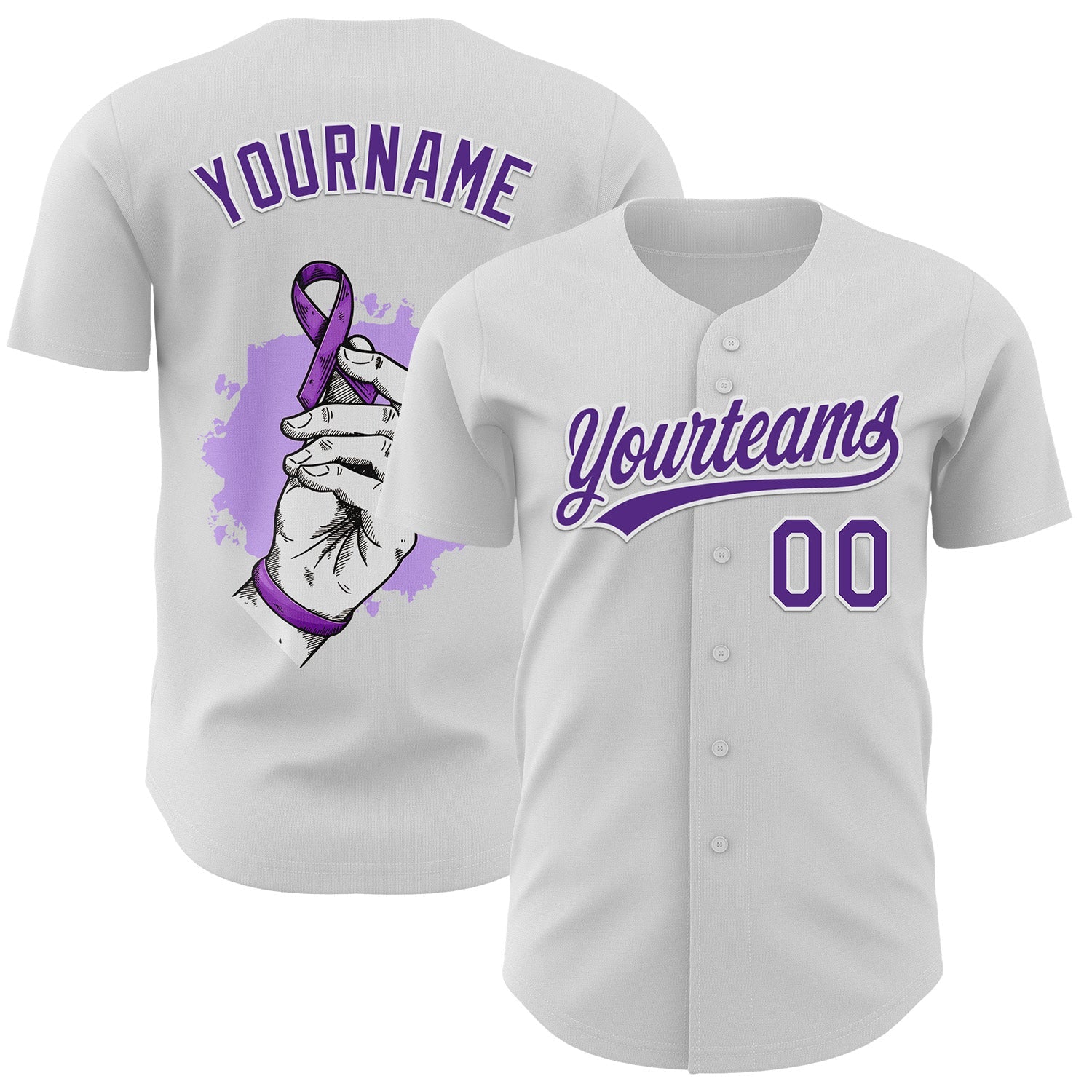 Custom White Purple 3D Pancreatic Cancer Ribbon Authentic Baseball Jersey - Main View