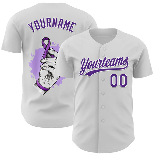 Custom White Purple 3D Pancreatic Cancer Ribbon Authentic Baseball Jersey - Main View