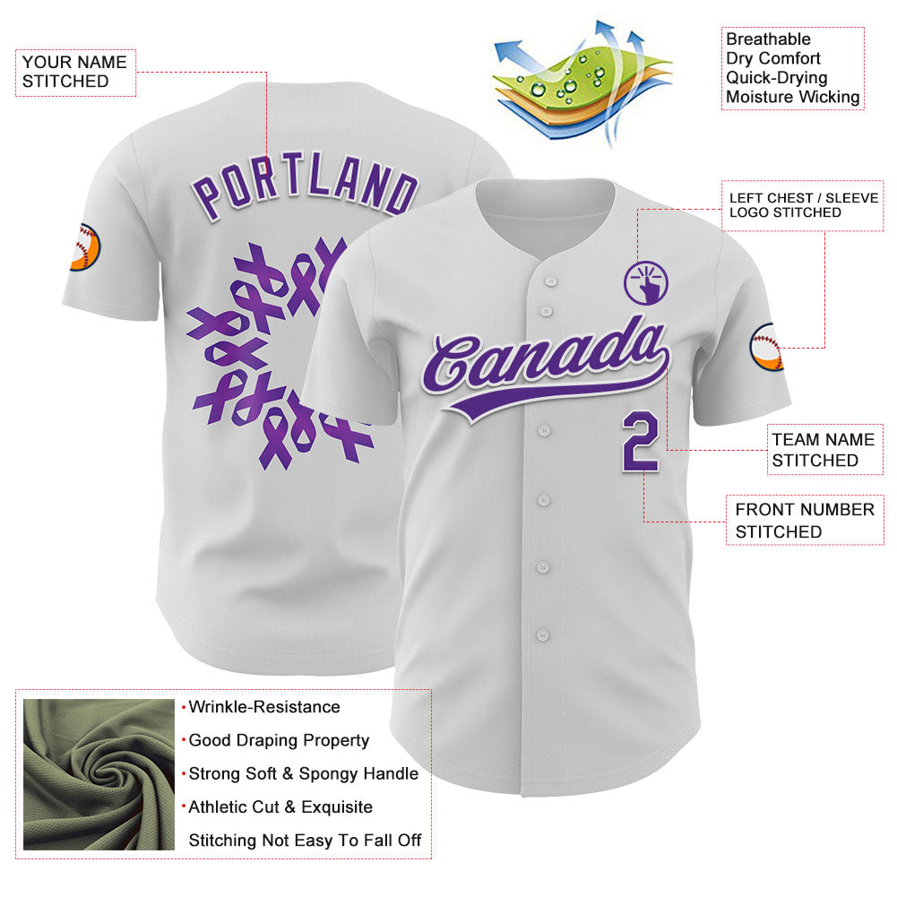 Custom White Purple 3D Pancreatic Cancer Ribbon Authentic Baseball Jersey view 3
