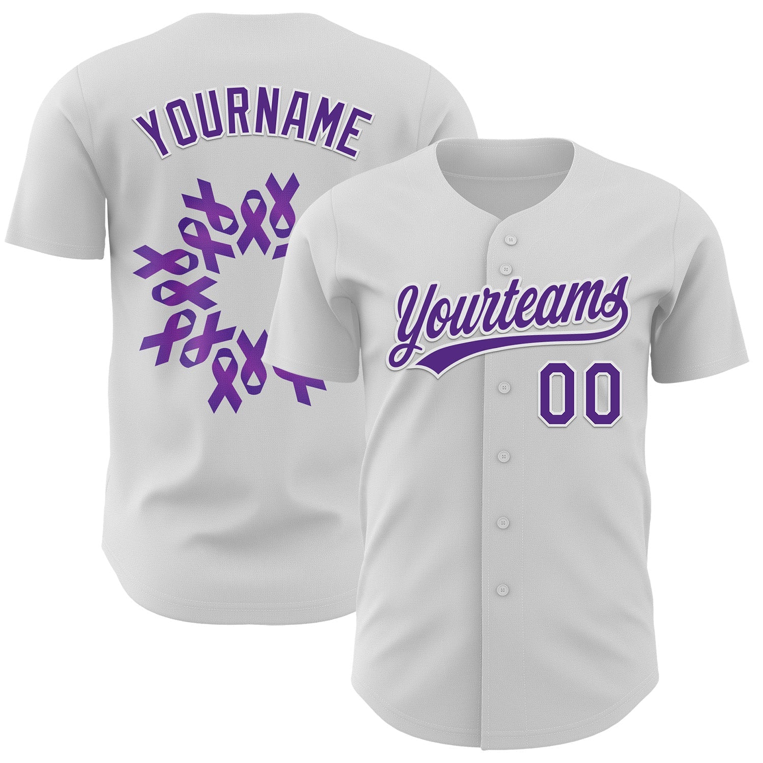 Custom White Purple 3D Pancreatic Cancer Ribbon Authentic Baseball Jersey - Main View