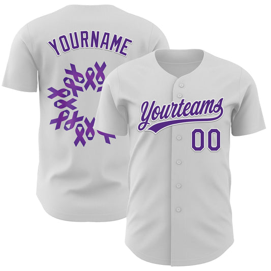 Custom White Purple 3D Pancreatic Cancer Ribbon Authentic Baseball Jersey - Main View
