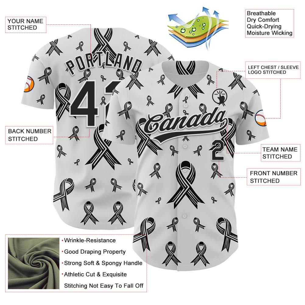 Custom White Black 3D Skin Cancer Ribbon Authentic Baseball Jersey view 3