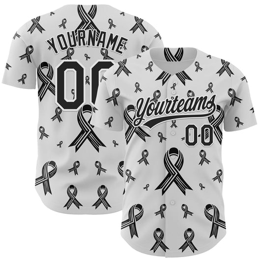 Custom White Black 3D Skin Cancer Ribbon Authentic Baseball Jersey - Main View