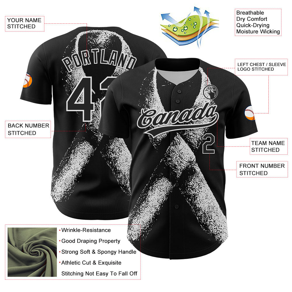 Custom Black White 3D Skin Cancer Ribbon Authentic Baseball Jersey view 3