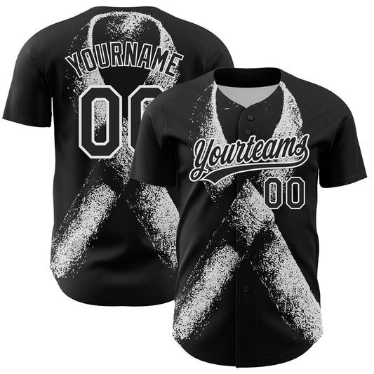 Custom Black White 3D Skin Cancer Ribbon Authentic Baseball Jersey - Main View