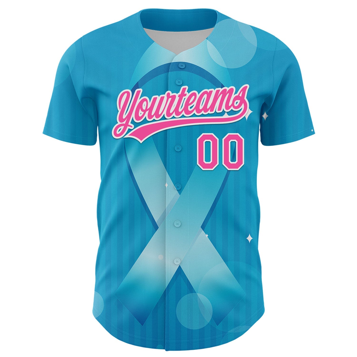 Custom Sky Blue Pink-White 3D Prostate Cancer Ribbon Authentic Baseball Jersey view 2