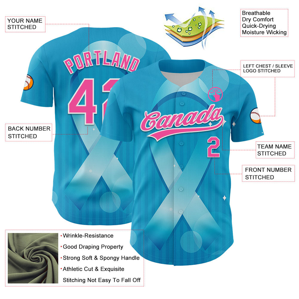 Custom Sky Blue Pink-White 3D Prostate Cancer Ribbon Authentic Baseball Jersey view 3