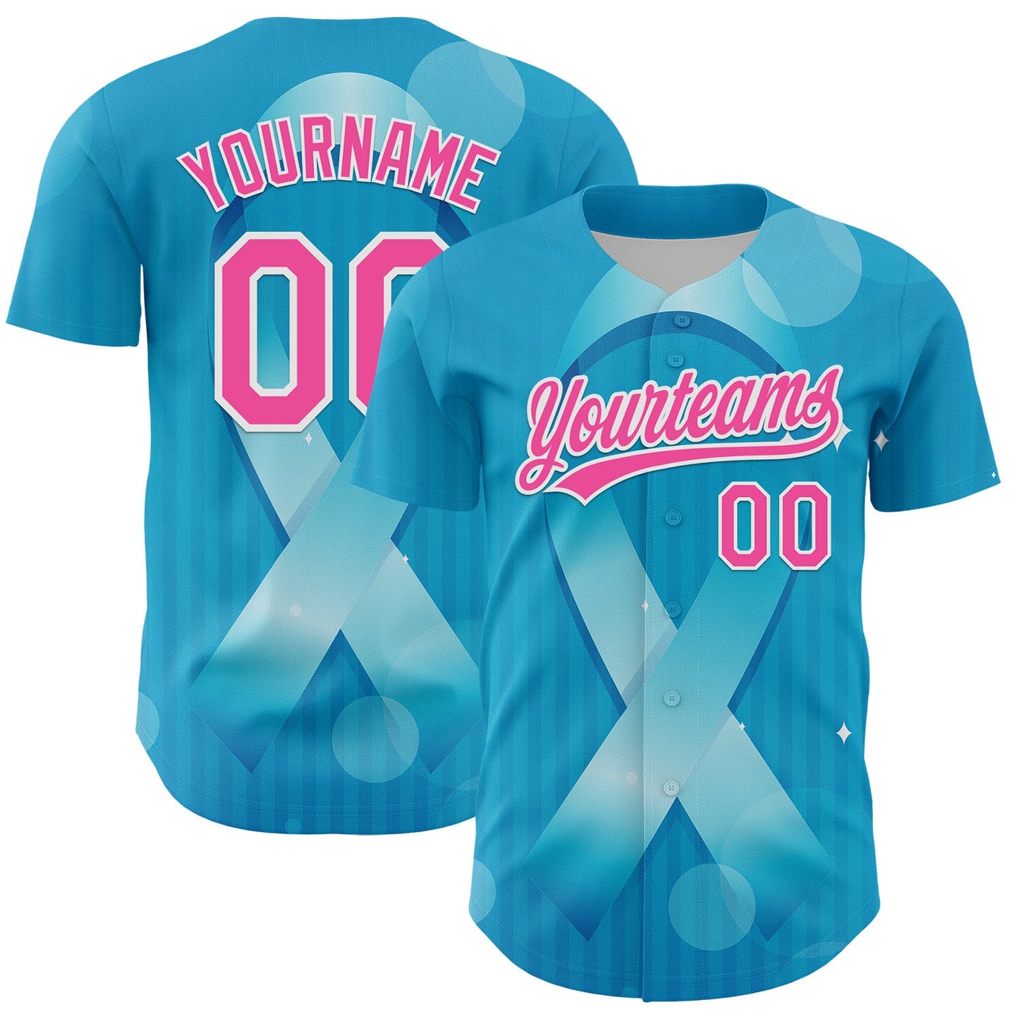 Custom Sky Blue Pink-White 3D Prostate Cancer Ribbon Authentic Baseball Jersey - Main View