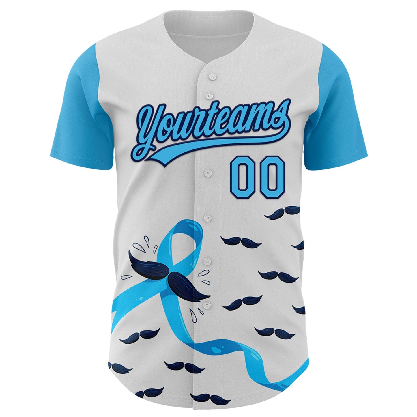 Custom White Sky Blue-Navy 3D Prostate Cancer Ribbon Authentic Baseball Jersey view 2