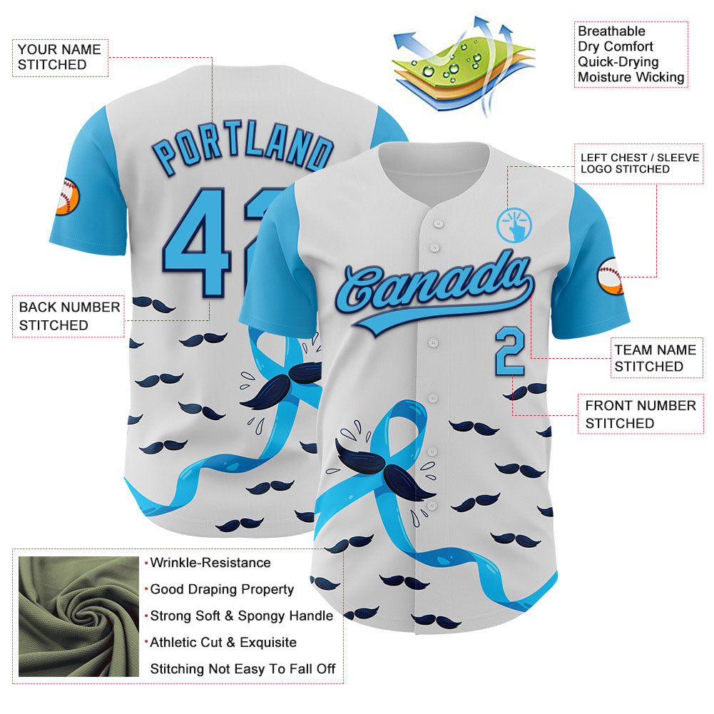 Custom White Sky Blue-Navy 3D Prostate Cancer Ribbon Authentic Baseball Jersey view 3