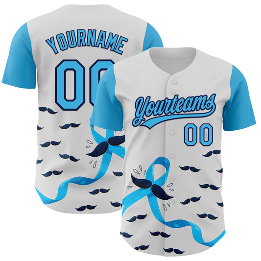 Custom White Sky Blue-Navy 3D Prostate Cancer Ribbon Authentic Baseball Jersey - Main View