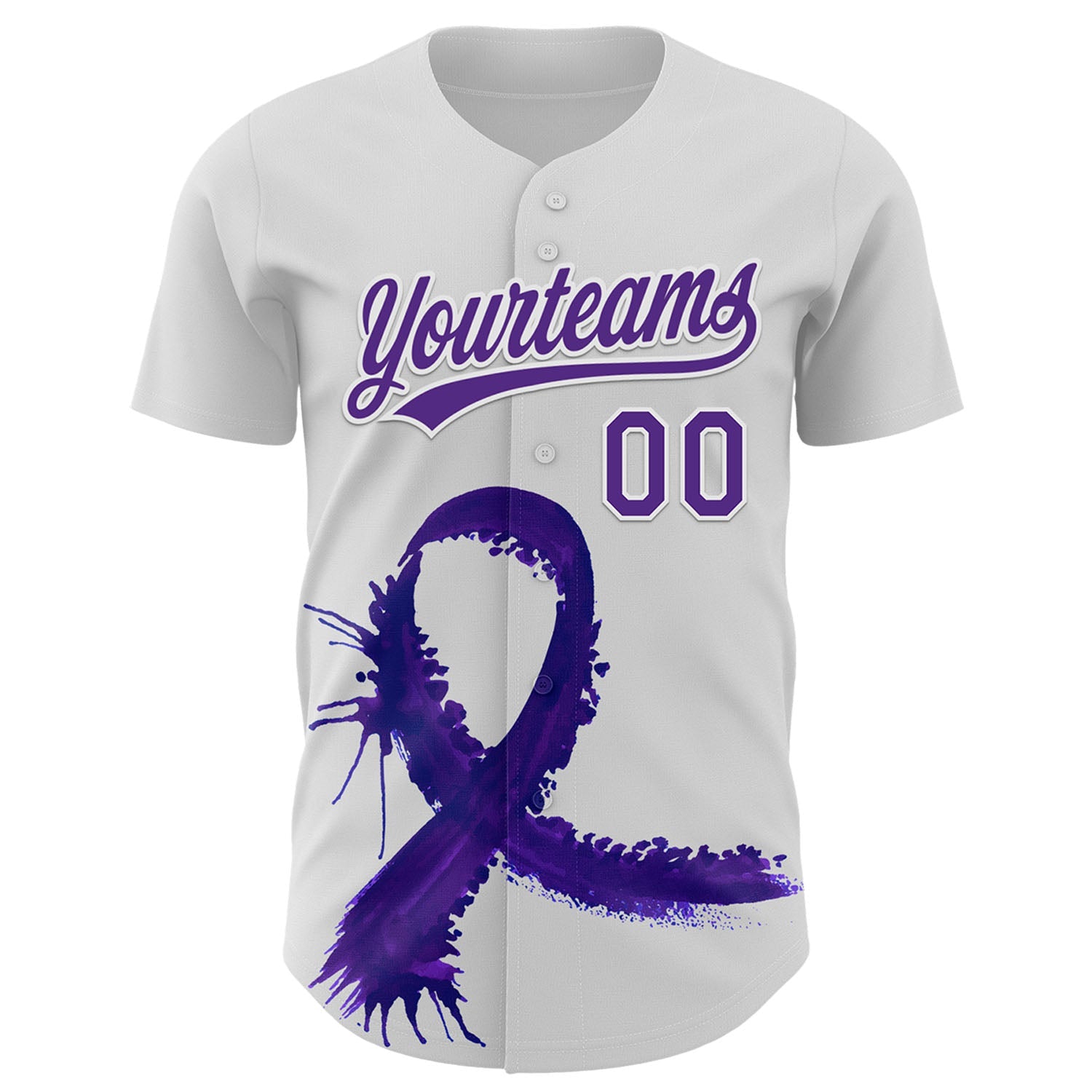 Custom White Purple 3D Testicular Cancer Ribbon Authentic Baseball Jersey view 2