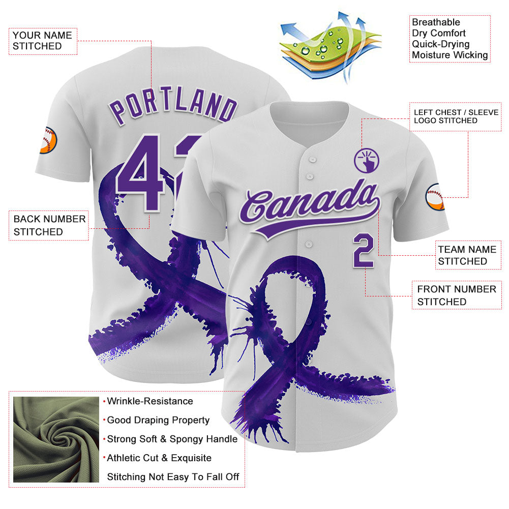 Custom White Purple 3D Testicular Cancer Ribbon Authentic Baseball Jersey view 3