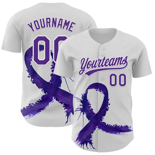 Custom White Purple 3D Testicular Cancer Ribbon Authentic Baseball Jersey - Main View