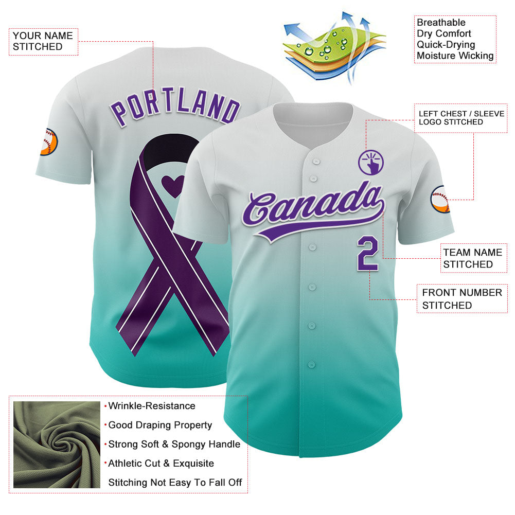 Custom White Purple-Aqua 3D Testicular Cancer Ribbon Authentic Baseball Jersey view 3