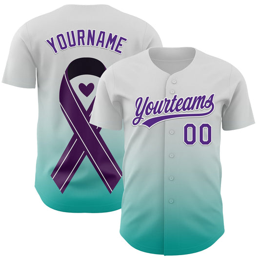 Custom White Purple-Aqua 3D Testicular Cancer Ribbon Authentic Baseball Jersey - Main View