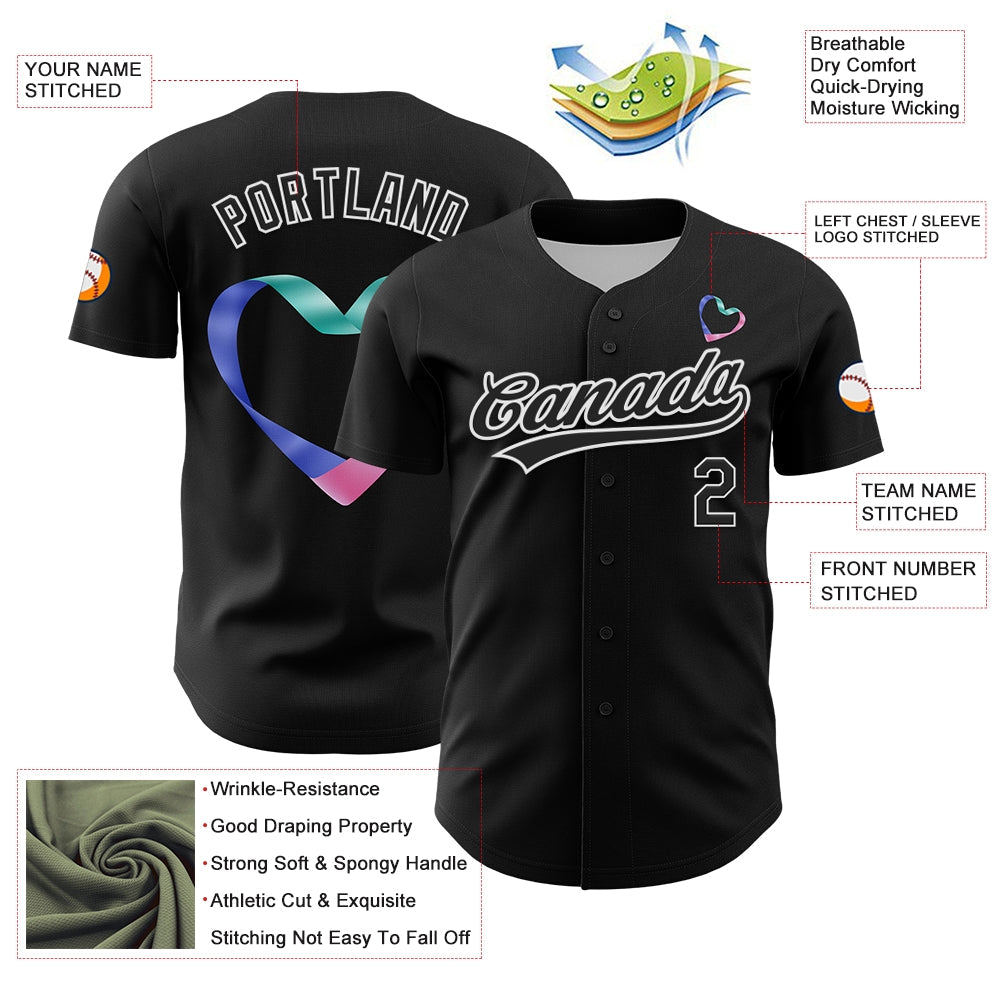 Custom Black White 3D Thyroid Cancer Ribbon Authentic Baseball Jersey view 3