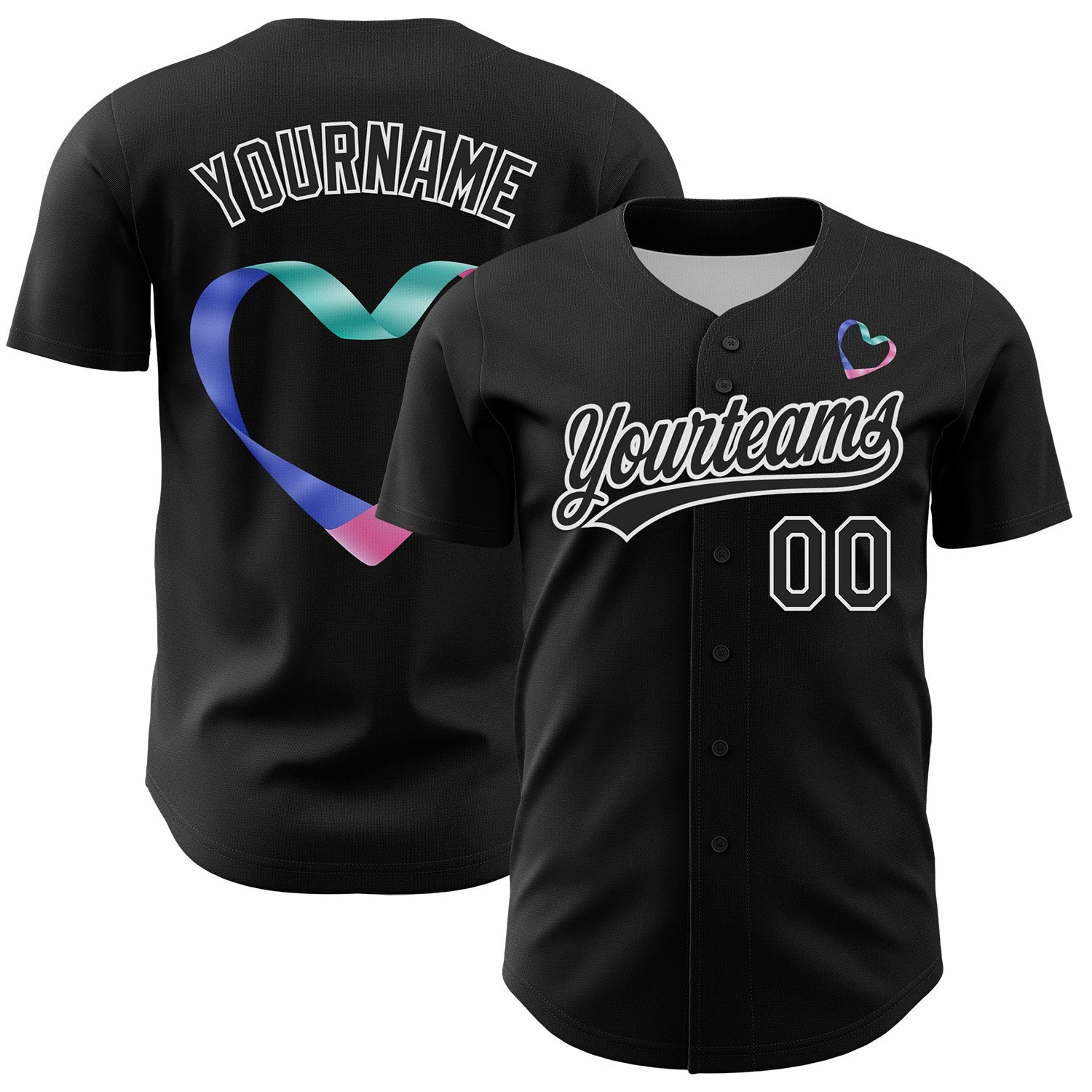 Custom Black White 3D Thyroid Cancer Ribbon Authentic Baseball Jersey - Main View