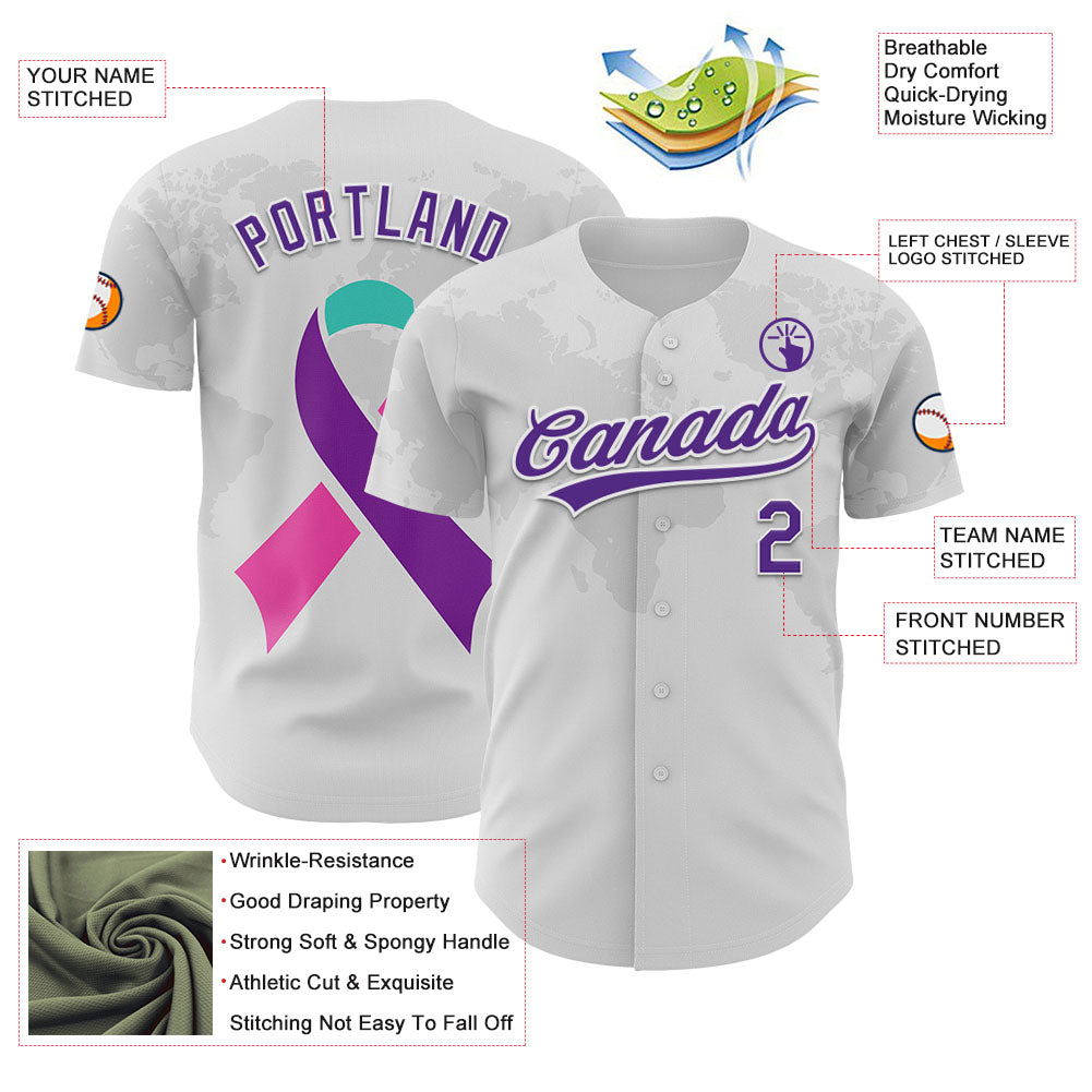 Custom White Purple 3D Thyroid Cancer Ribbon Authentic Baseball Jersey view 3