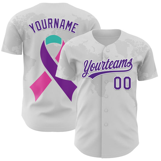 Custom White Purple 3D Thyroid Cancer Ribbon Authentic Baseball Jersey - Main View
