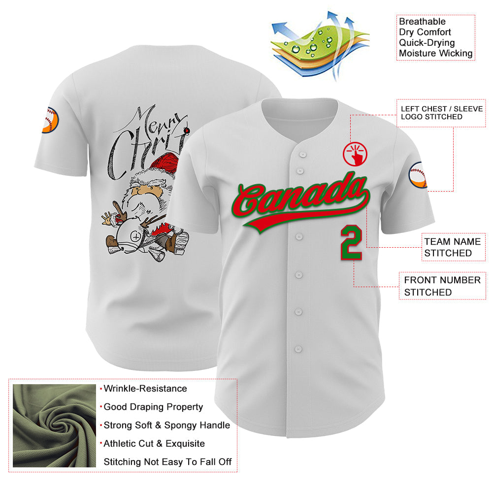 Custom White Fire Red-Grass Green 3D Funny Christmas Authentic Baseball Jersey view 3